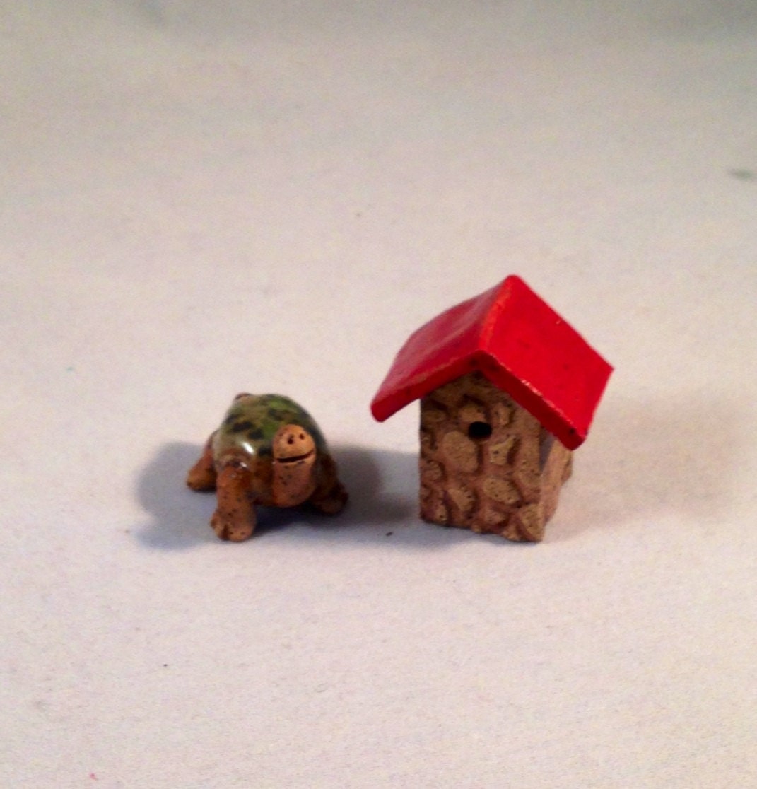 Turtle and Bird House ceramic sculpture OOAK Garden miniature- Blue, Green, Teal, Red