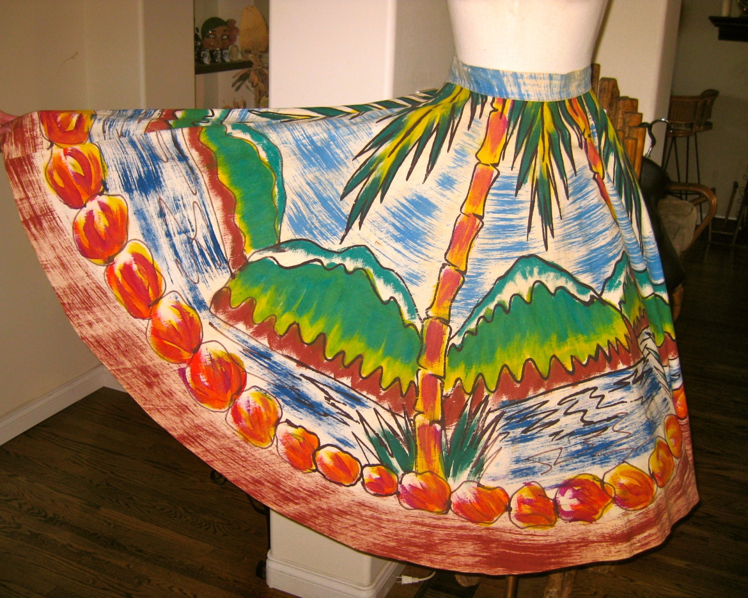 1950s Mexican Handpainted Circle Skirt VLV Palm Trees