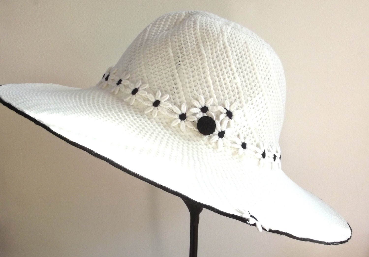 Refurbished Hat, White Sun Hat, Fabric Weave, Flower Accent, Summer, Wedding