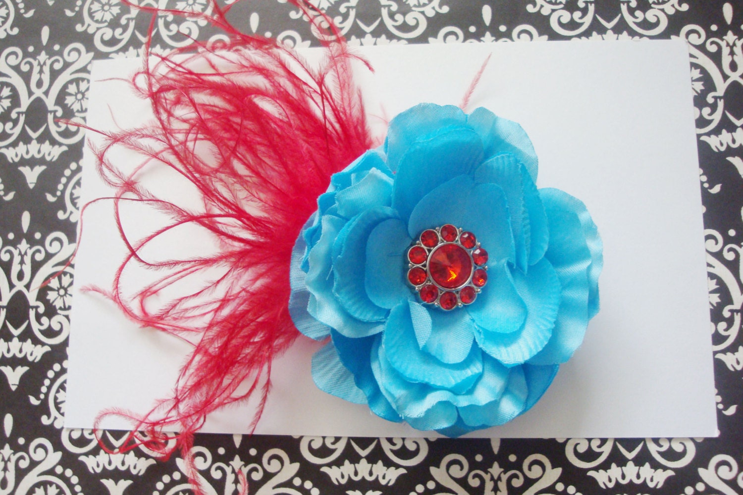 Girls flower headband turqoise and red flower hairband or hairclip
