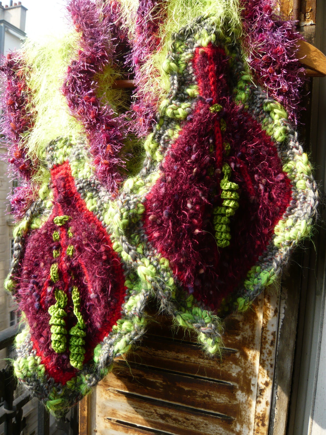 Scarf handknitted,crocheted,vegetal,fairy red-purple and green  or wall hanging in naïve Douanier Rousseau style with 2 leaves,OOAK