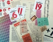 Vintage paper ephemera inspiration mix...over 20 items, tickets, numbers, vintage graphics, ration book coupons, music sheet...