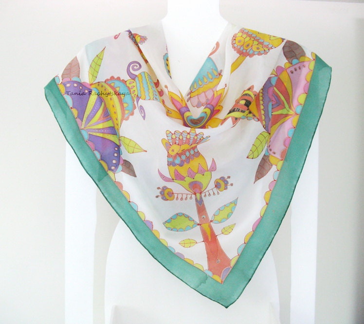 Hand painted silk scarf. Floral. 100% silk. Modern Flowers. Unique. Luxury Soft. Spring Fashion. Multicolor. Lime Green Purple 35'' x 35''