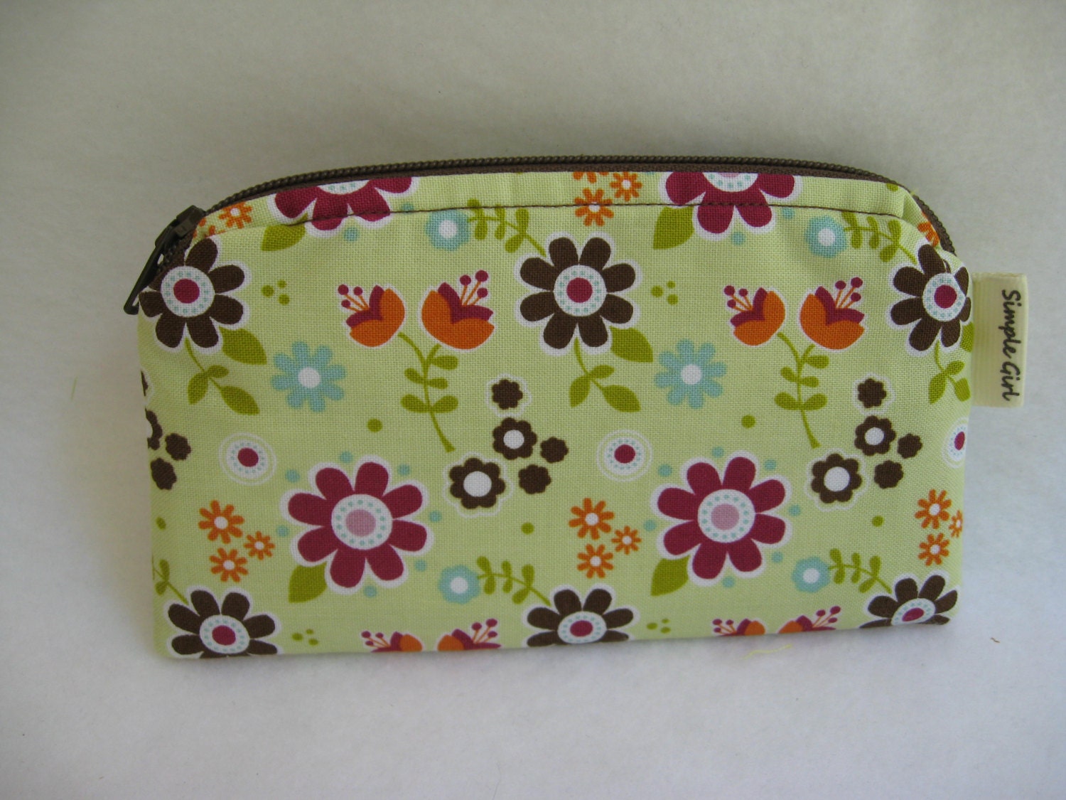 Small Wallet with Zipper in Bright Multi Colored Flowers with Green Polka Dot Lining