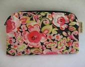 Small Wallet with Zipper in Pink Flowered Print on Black with Pink Polka Dot Lining