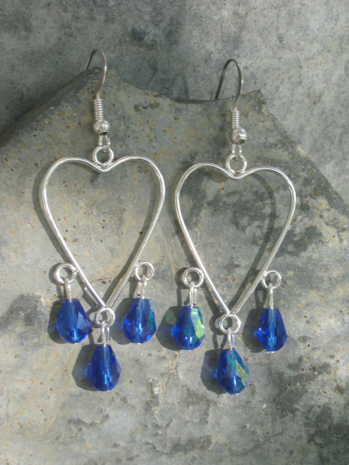 Chandelier Silver Heart Earrings, Cobalt Blue Iridescent Glass Briolette Teardrops