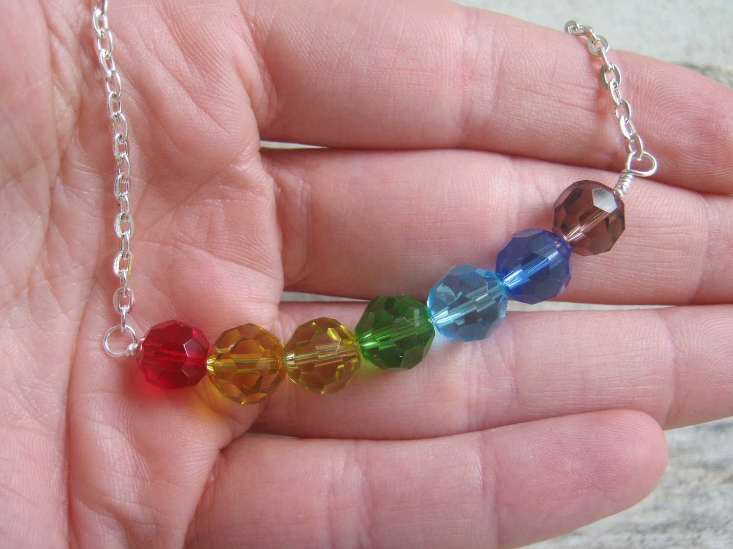 Chakra Rainbow Necklace, Hand Linked Czech Crystal 18 inch with Lobster Claw clasp
