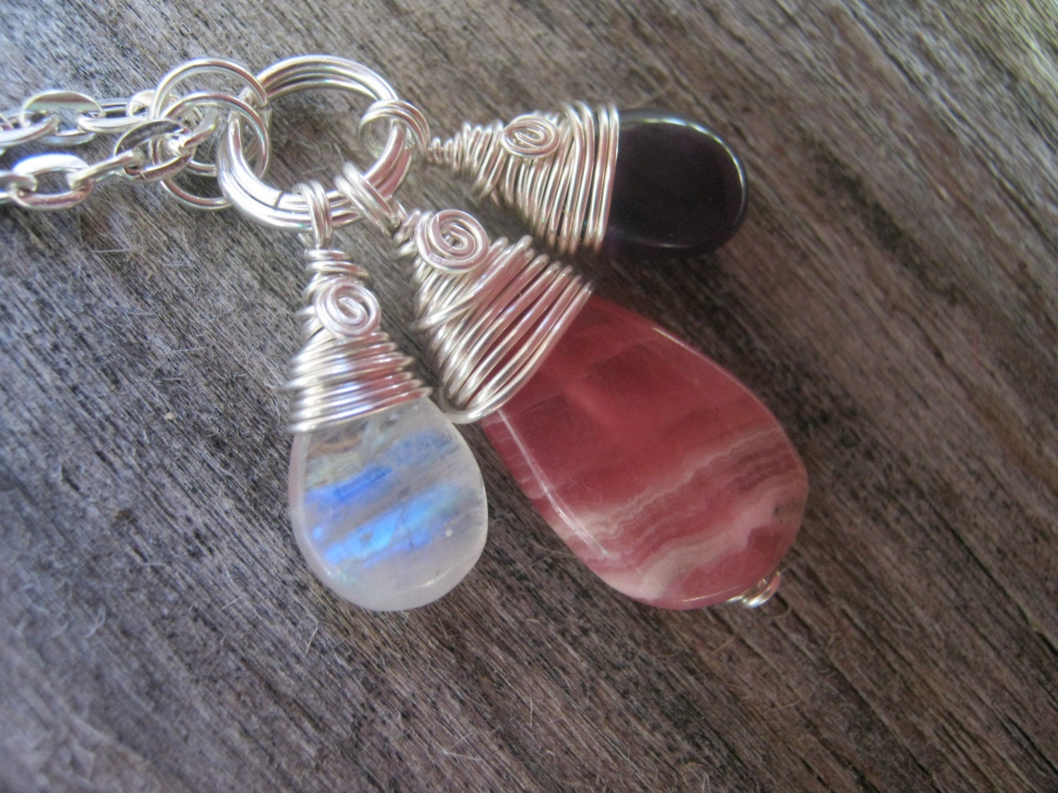 Wellness Necklace, Rhodochrosite, Flash Rainbow Moonstone and Amethyst
