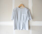 striped shirt, blue and white striped shirt,  fitted shirt, short sleeved shirt
