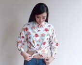 vintage crop top, collar shirts, print shirt, middriff top, rose top