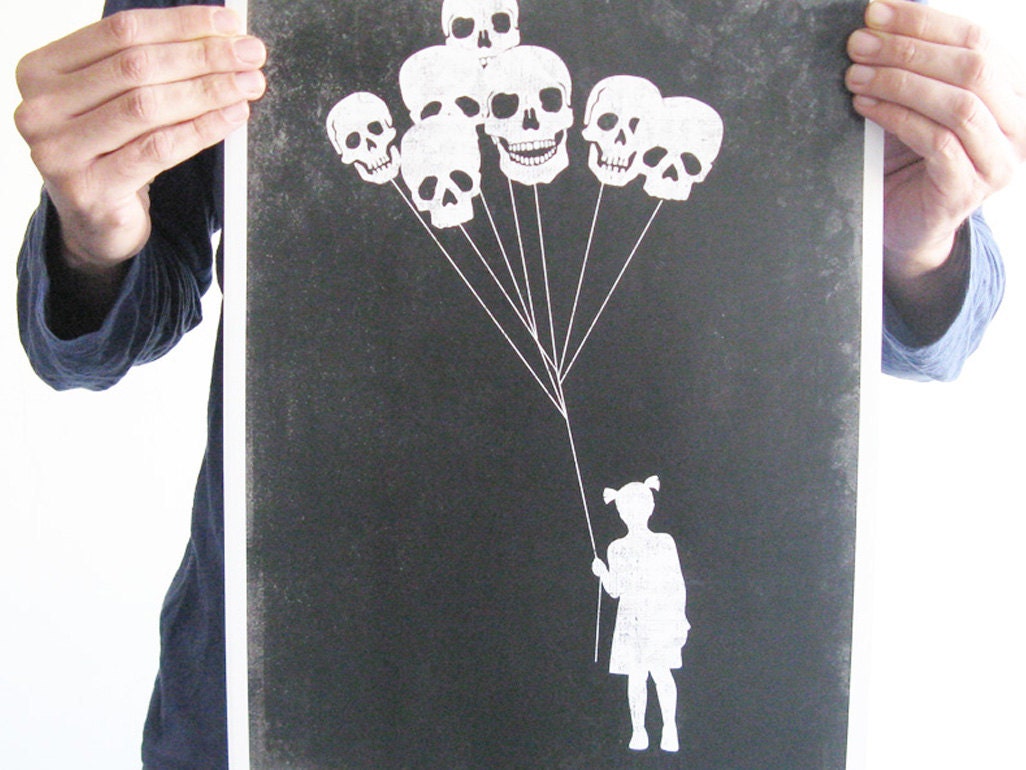Original digital print girl skull balloon black white creepy horror blood goth art vintage poster