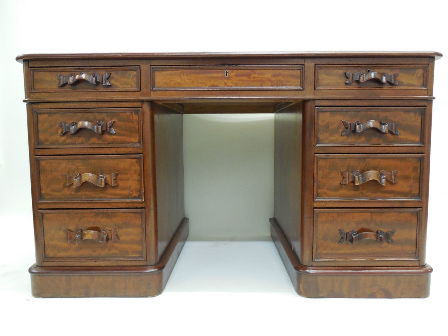 Antique Leather Top Mahogany Pedestal Desk - England c1800s