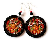 FLORAL FOLK khokhloma Russian Folk decoupaged earrings red orange black color perfect gift folk