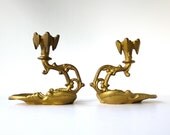 Gilded Cast Iron Gothic Chamber Sticks / Candle Holders / Mid Century Era