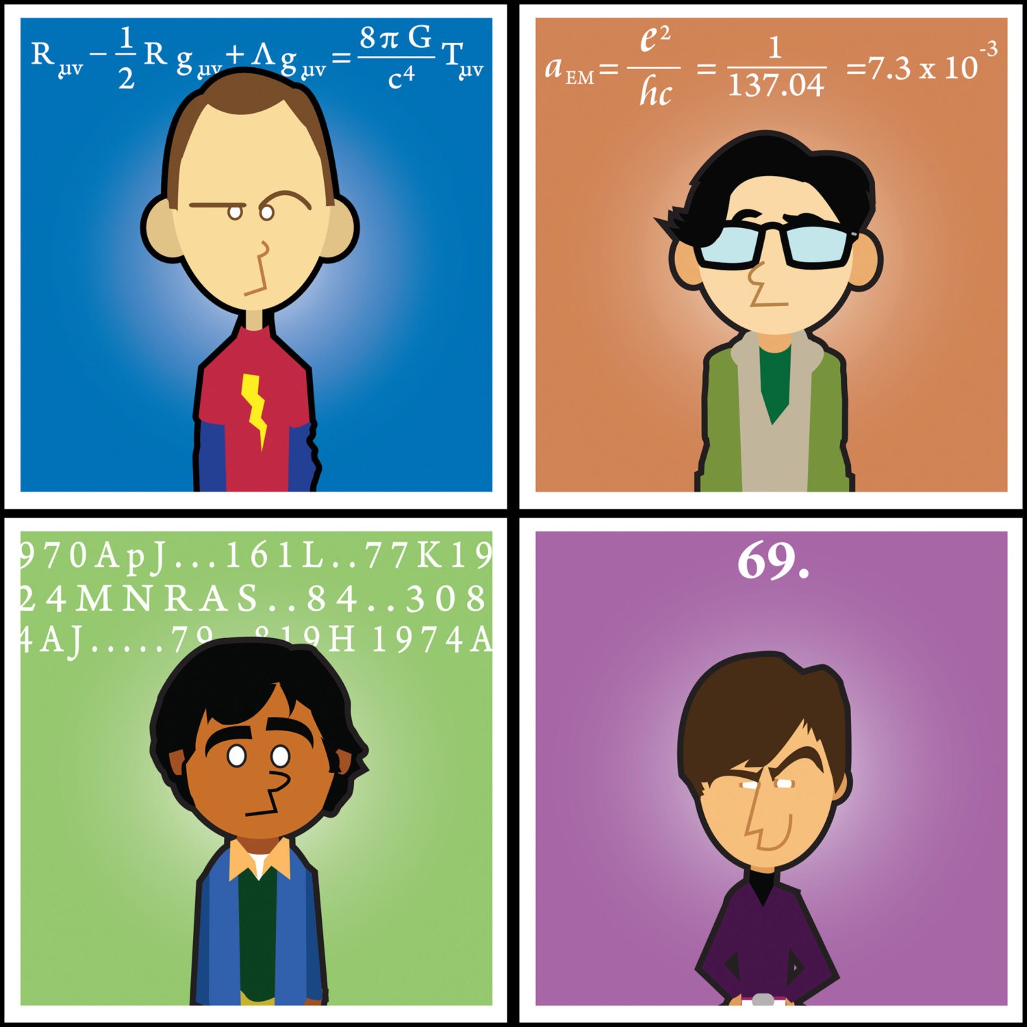 Big Bang Theory Squares - Original Artwork - Set of 4  original prints Sheldon Cooper Bazinga