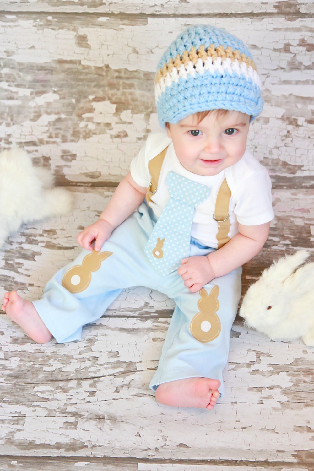 GET THE SET- Tie Onesie with Suspenders and Visor Crocheted Hat - Bunny, Baby Shower Gift, Photo Prop - Pick your own