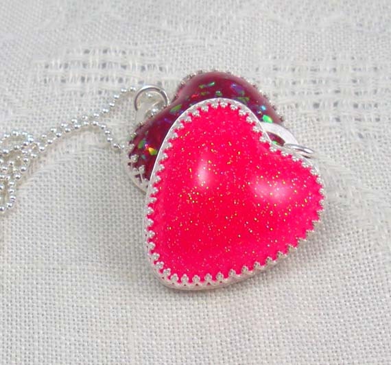 Pendant: glitter resin heart in sterling silver handmade bezel