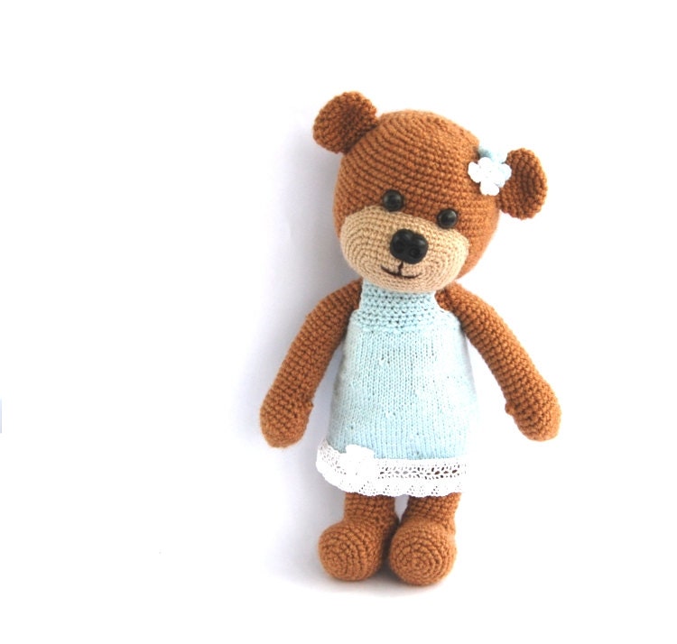 stuffed teddy bear, crocheted brown bear with blue skirt, stuffed animal amigurumi toy for children, gift for children