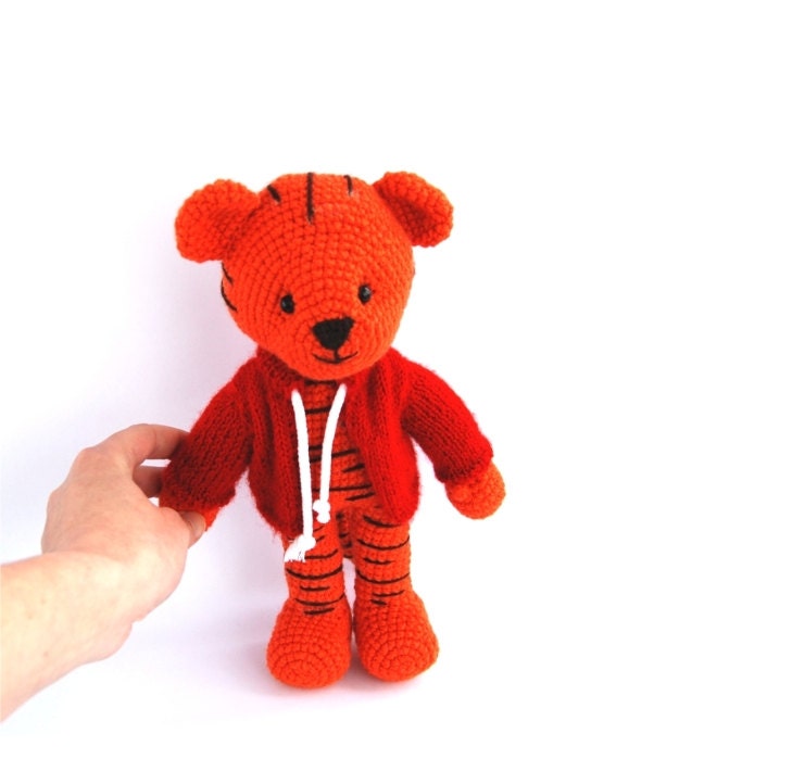 crocheted tiger, stuffed tiger, orange woodland animal with red cardigan amigurumi tiger cute cartoon character bright color