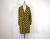 SALE// Navy and gold polka dot V neck  silk long sleeved dress with pockets 1980