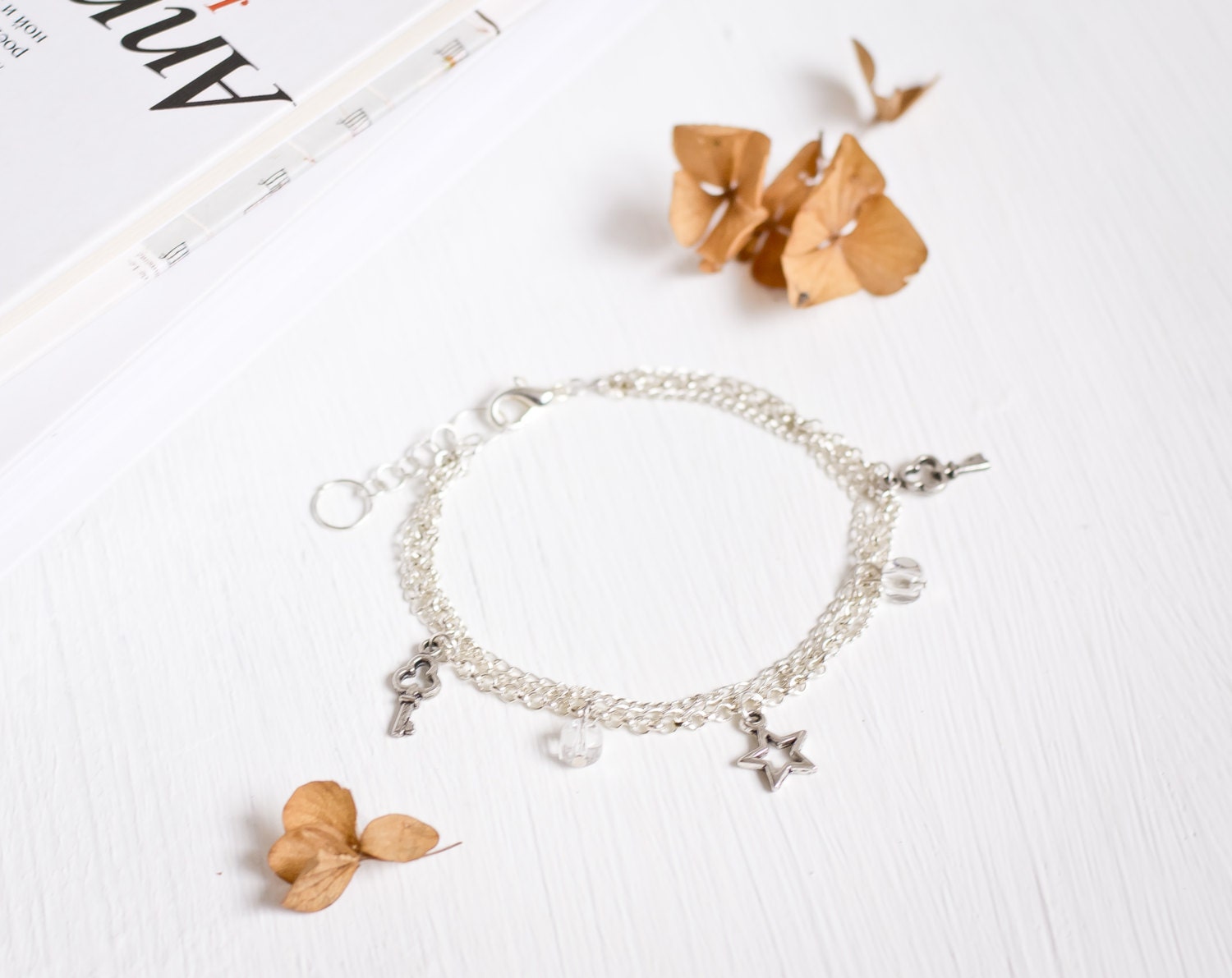 Charm bracelet silver - silver charm bracelet - chain bracelet - silver chain bracelet - key, star, clear white glass beads