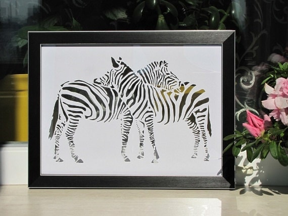 In love Zebras Handmade Original Papercut First Anniversary Paper Gift: Hand-Cut Paper Art Silhouette (UNFRAMED)