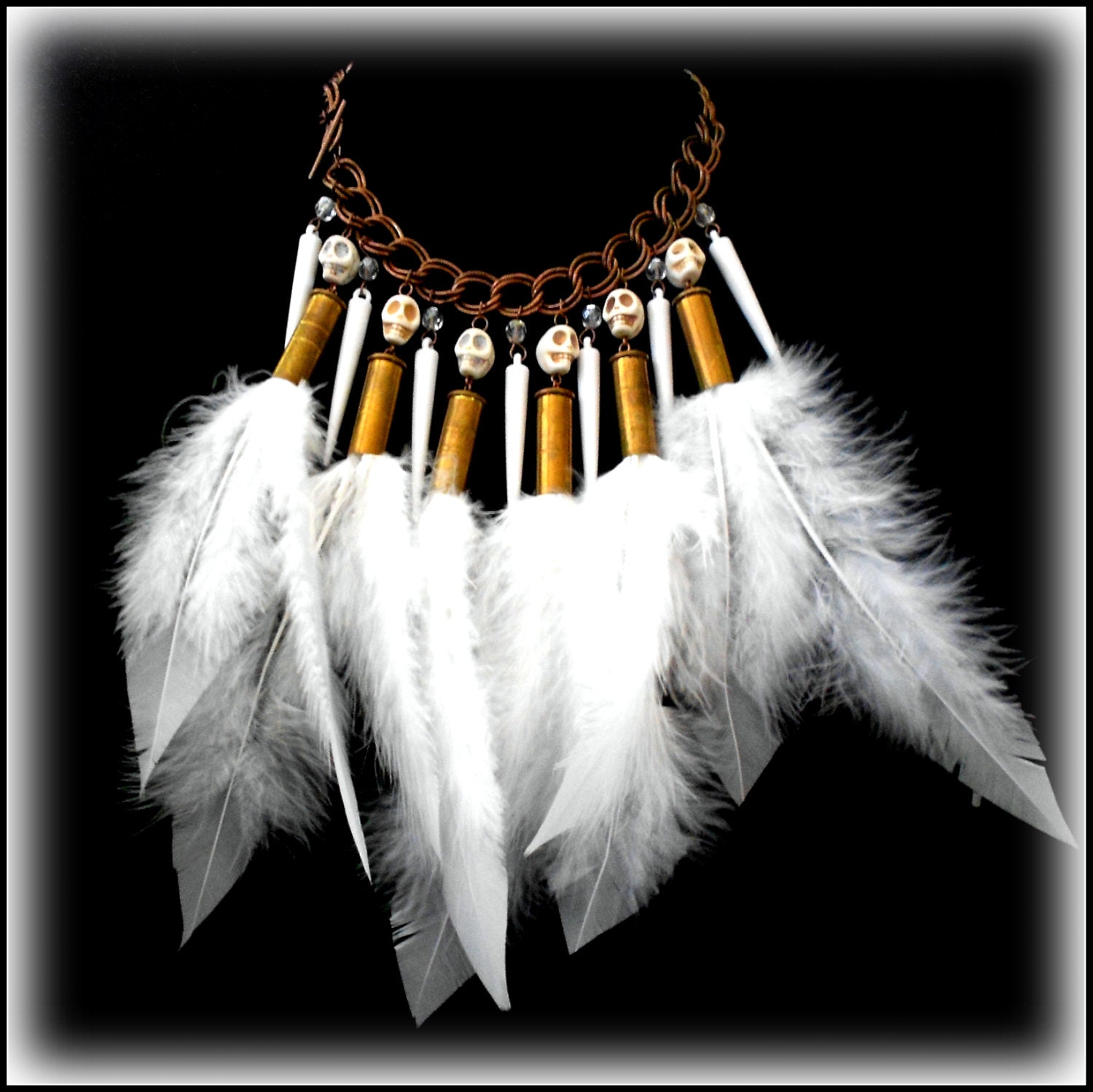 Ammo Casing White Feather Spike & Sugar Skull Bead Choker Necklace