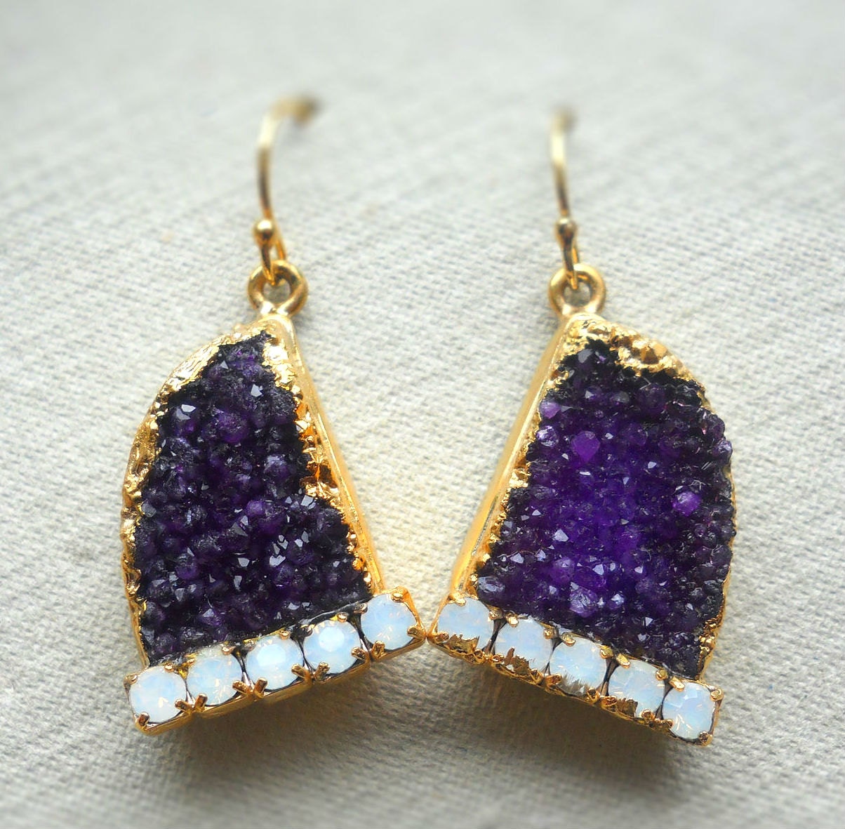 Royal purple druzy and crystal earrings - Gold dipped - Organic shaped