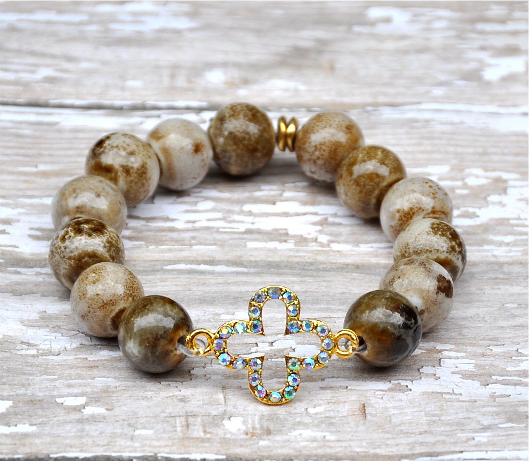 Glazed Ceramic and Pave Clover Beaded Bracelet / Handmade Beaded Bracelets