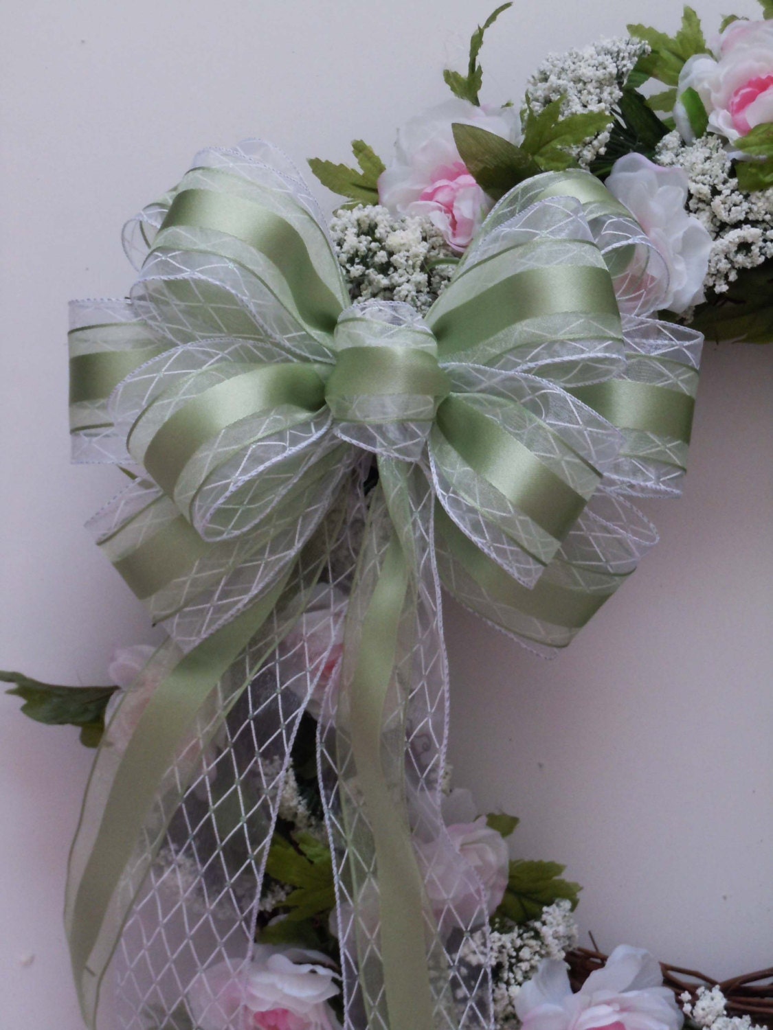 Green White Wedding Bow Shabby Chic French Country Spring Wedding Bow Easter Bow Church Pew Bow Aisles Bow Wreath Gift Bow