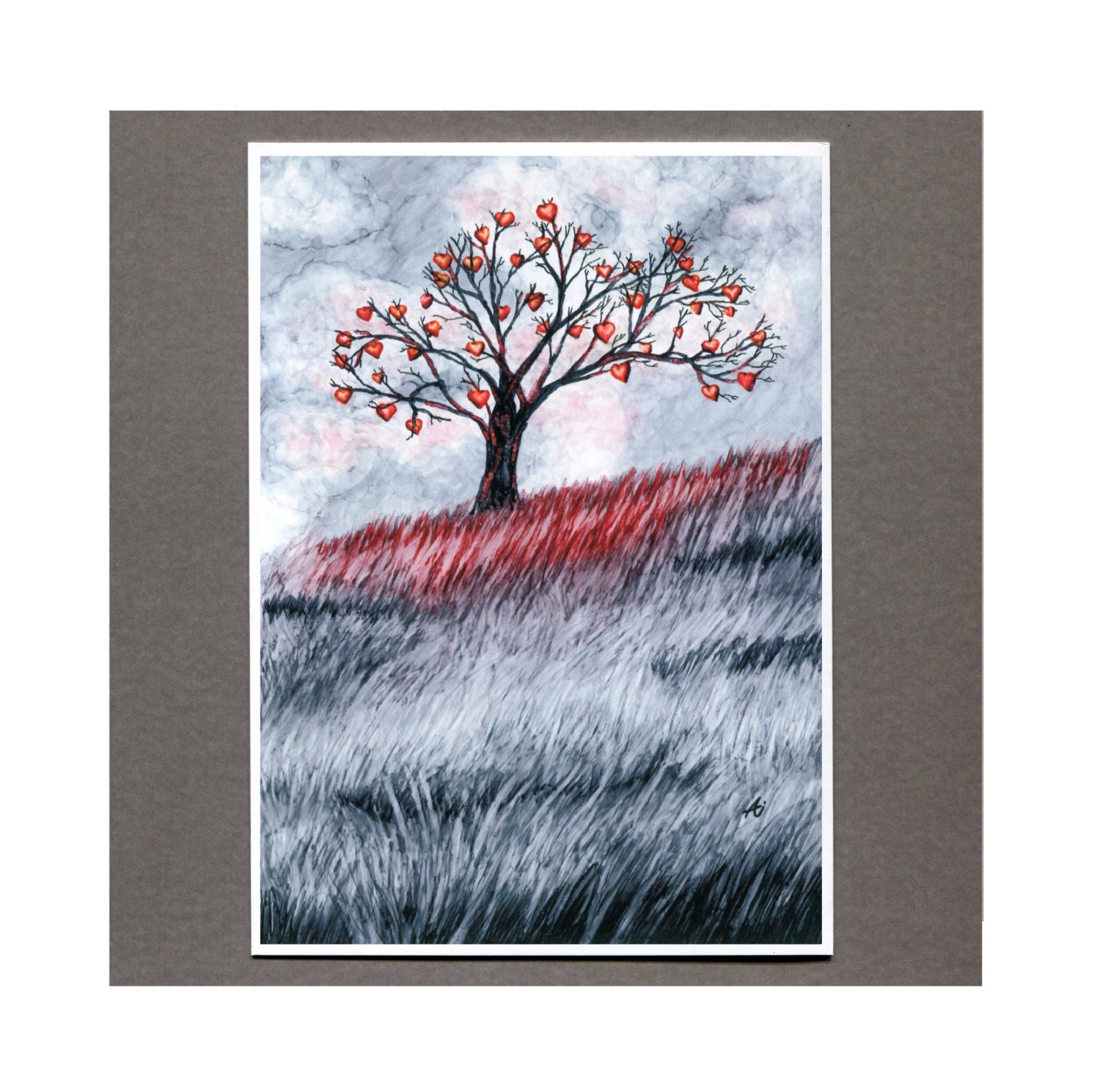 Heart Tree Card, Valentine 5x7 Art Print, Black and White Greeting Card