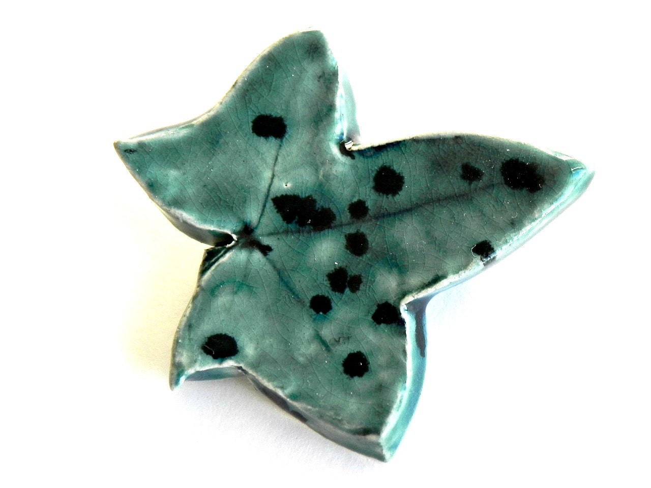 Green Ceramic Leaf Brooch One of A Kind Black Dots Pottery Silver Pin Recycled Paper Box - Ceraminic