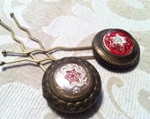 Decorative Bridle Rosette Button Reverse Painted Hair Pins, Vintage Recycled