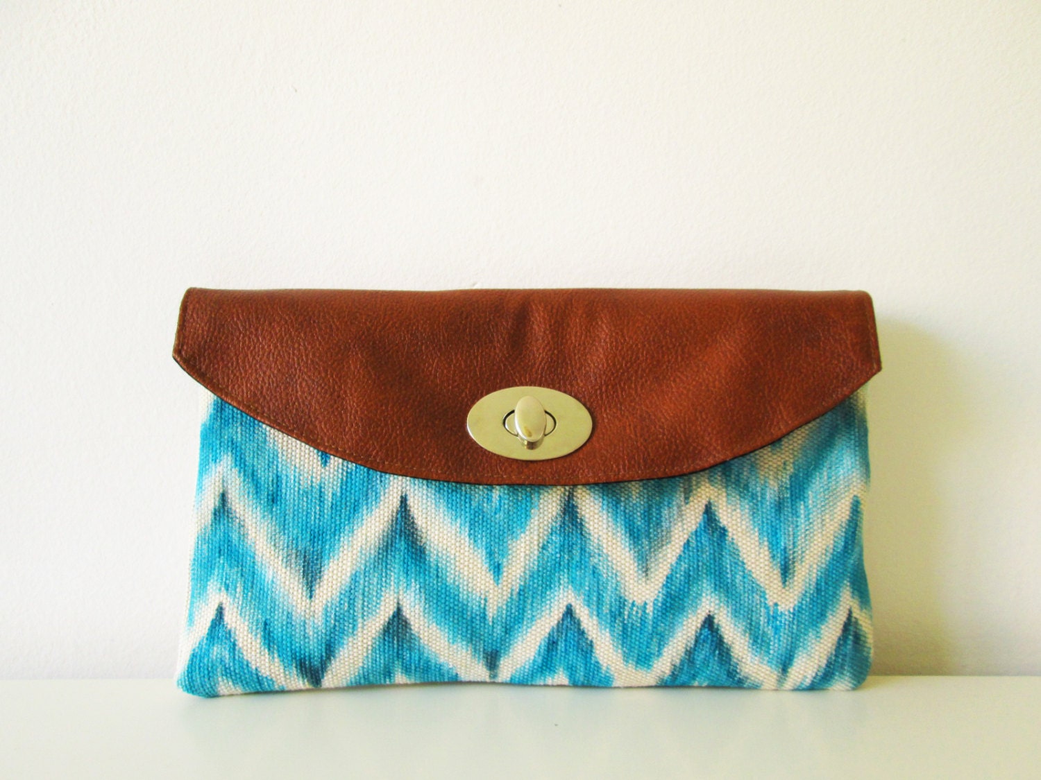 IKAT Clutch purse, Canvas and vegan leather, Chevron, Handpainted