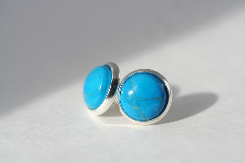 Real Turquoise Studs Silver Plated Genuine Turquoise Stone Blue Turquoise Studs Turquoise Earrings Turquoise Jewelry