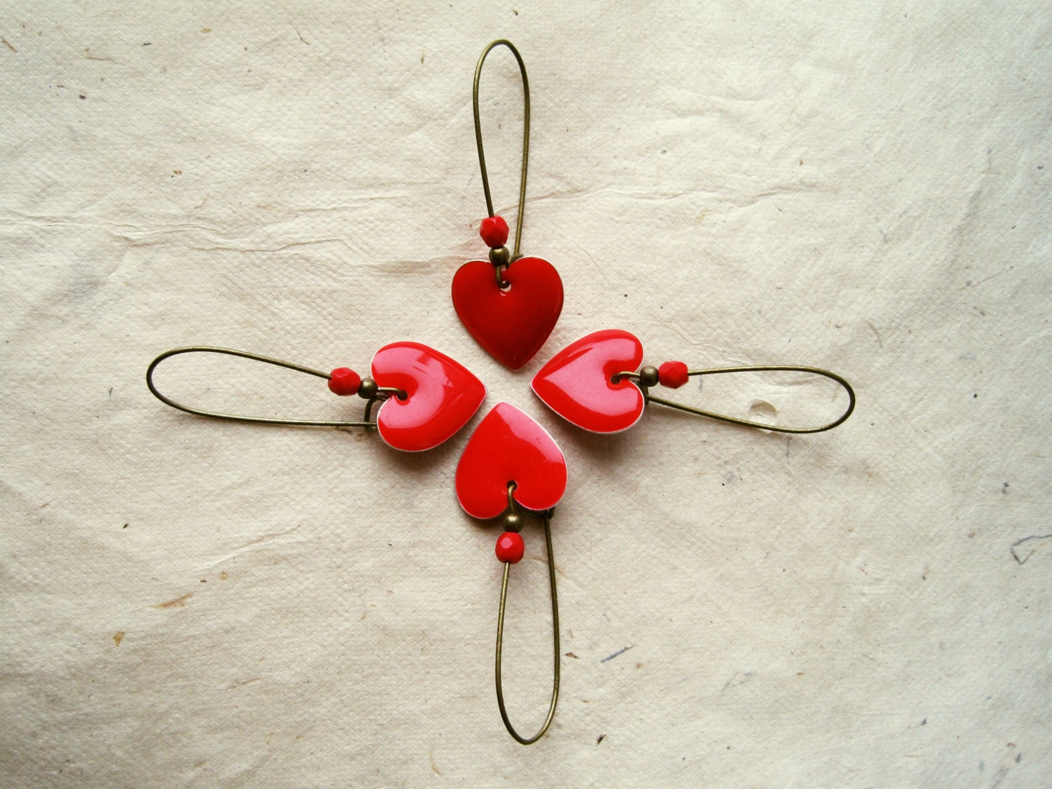 Red Heart Earrings. Valentine's Day Gifts Bright Red Earrings Enamel Heart Charm Earrings on Long Bronze Ear Wires.