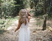 Beautiful French lace high-neck wedding dress, key hole back detail, silk chiffon skirt