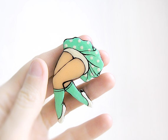 Brooch Fluttering Mint Lady, Mint polka dots, mint gift idea, legs, mint, funny holiday jewelry, pastel colors