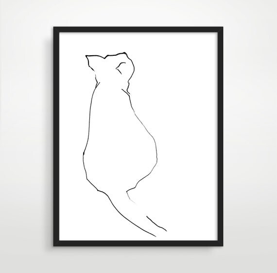 Cute Cat Art Print, Animal Art Print, Black and White Ink Drawing