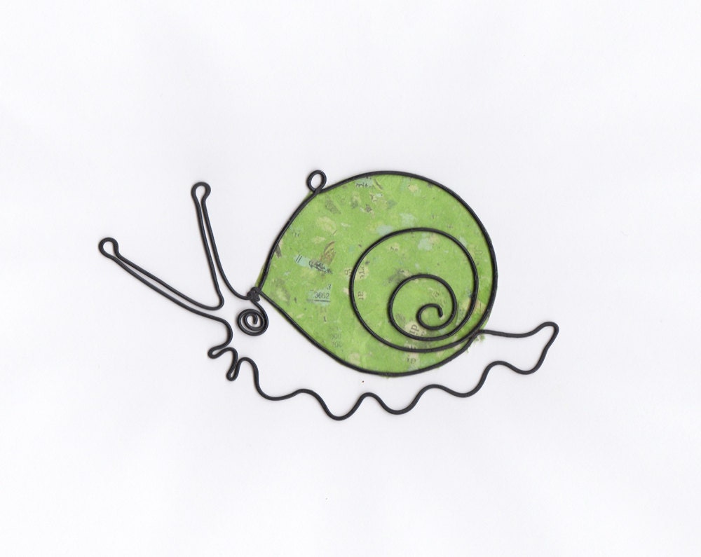 Little Snail wire sculpture with green recycled paper stretched on the shell