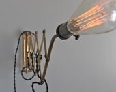 Vintage Industrial Scissor Lamp with Minimalist Edison Light Bulb - Machine Age Accordion Light Fixture - Warehouse Wall Lighting Man Gift