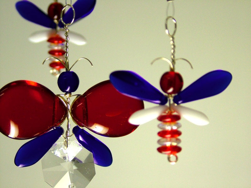 Crystal Butterfly Mobile, Glass Suncatcher Butterfly Ornament Children Mobile Crystal Sucatcher 4th of July Ornament America Red White Blue