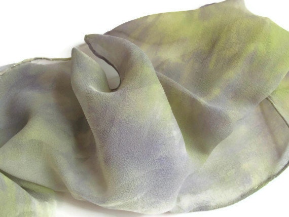 Hand Dyed Silk Scarf, Yellow, Green and Purple, Chiffon