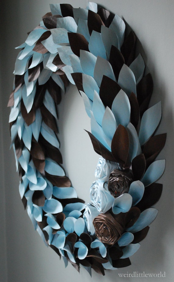 SALE-40% OFF-paper wreath - blue and brown - modern large 21 inch newspaper rosette and leaf