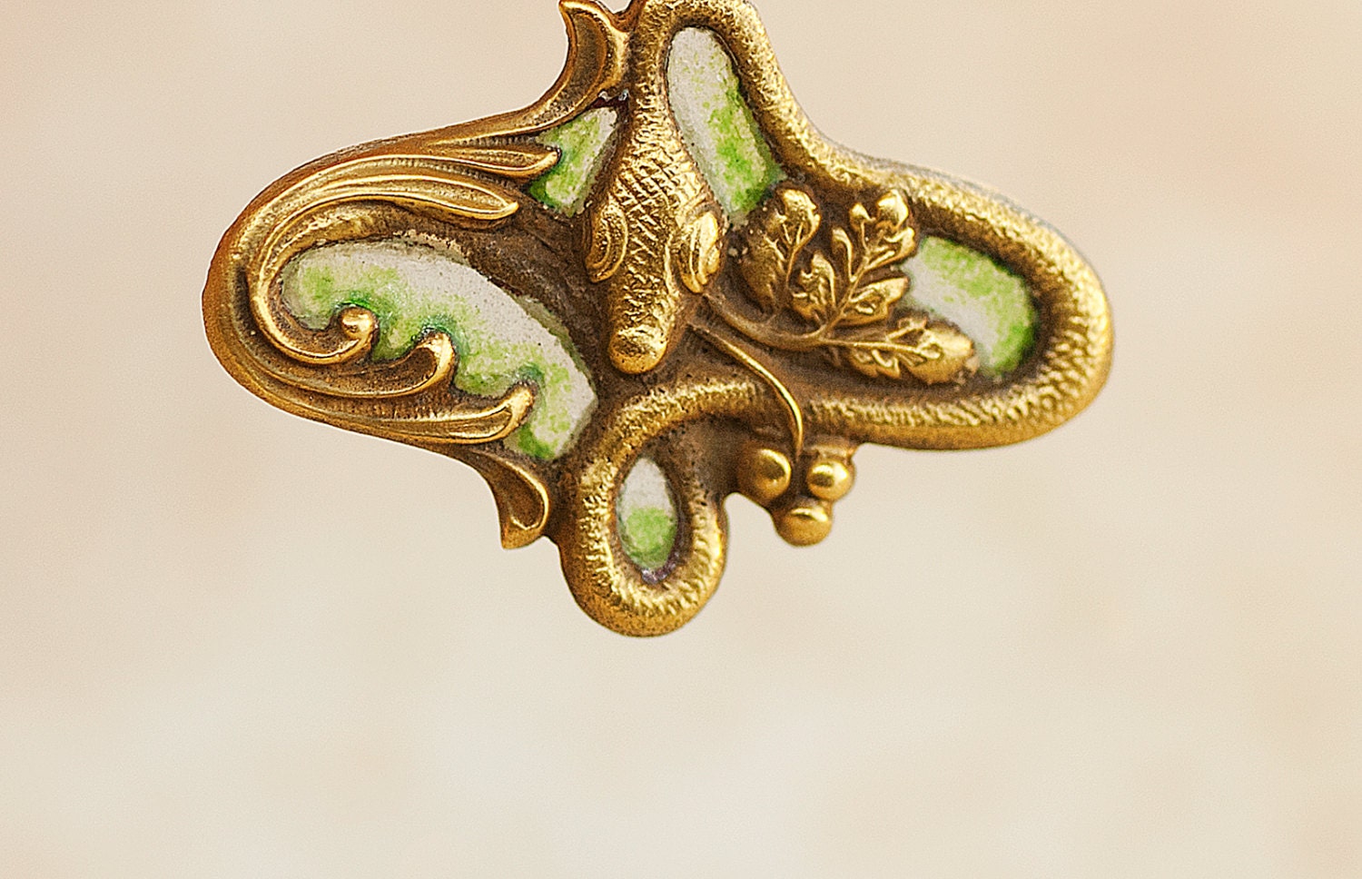 Antique Art Nouveau Plique a Jour Enamel Pendant - Snake in Green Enamel Leaves