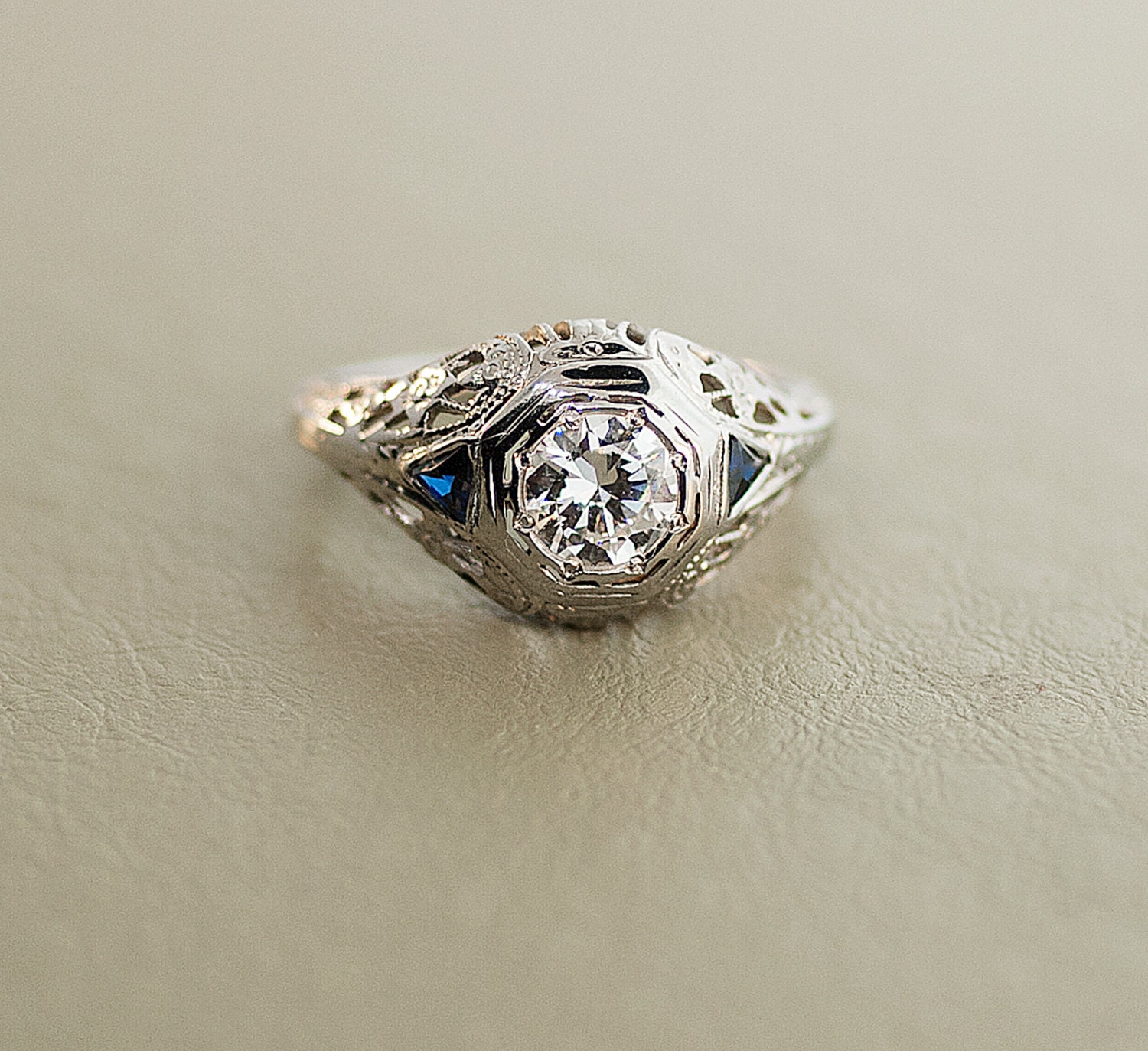 Antique 18k White Gold Filigree Diamond and Sapphire Engagement Ring