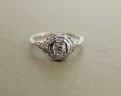 Antique & Petite 14k White Gold Diamond Filigree Engagement Ring