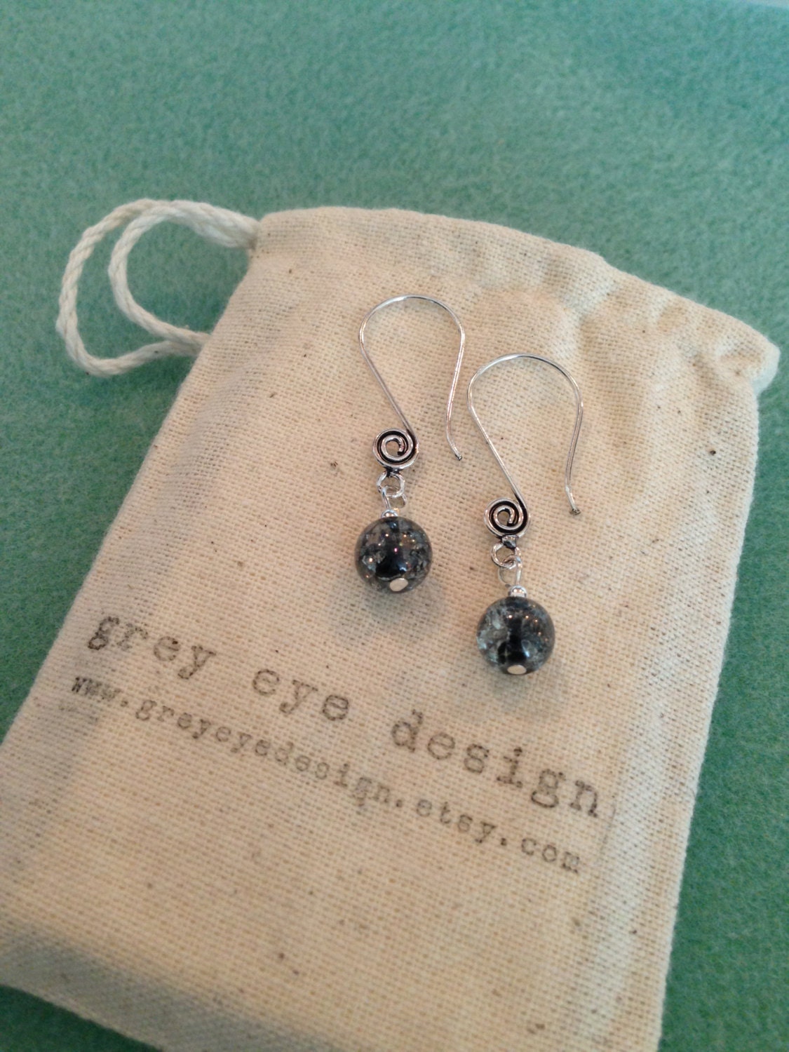Unique Silver Spiral Earrings with a Translucent Grey Dangle Bead with Crackle