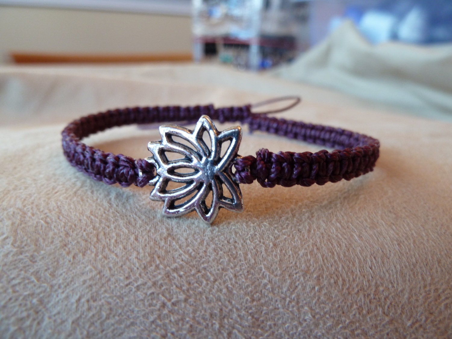 Dark Purple Macrame Bracelet with Silver Lotus Flower focal link & Sliding Adjustable Closure