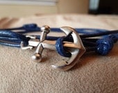 Blue Waxed Cotton Cord Wrap Bracelet with large Silver Anchor featuring adjustable slip knot